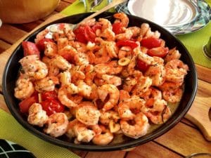Can dogs eat shrimp?Boiled shrimps on table